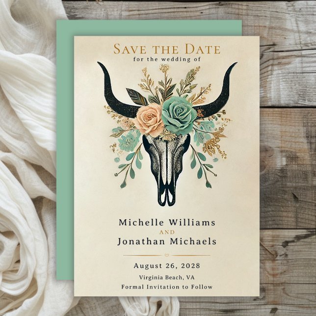 Reserva La Fecha Boda del Boho Western Floral Bull Cow Skull (Boho Floral Bull Cow Skull Wedding Save The Date)