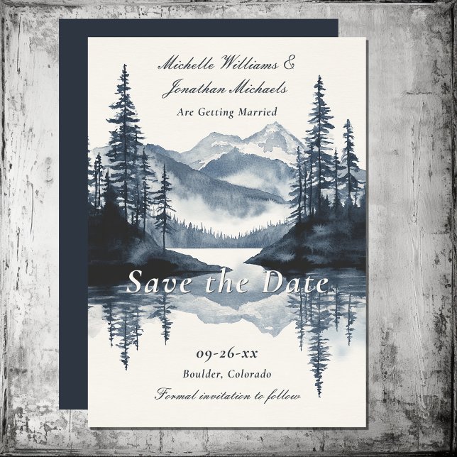 Reserva La Fecha Boda del Bosque Acuático Rústico de Montaña (Watercolor Rustic Mountain Lake Forest Wedding Save The Date)