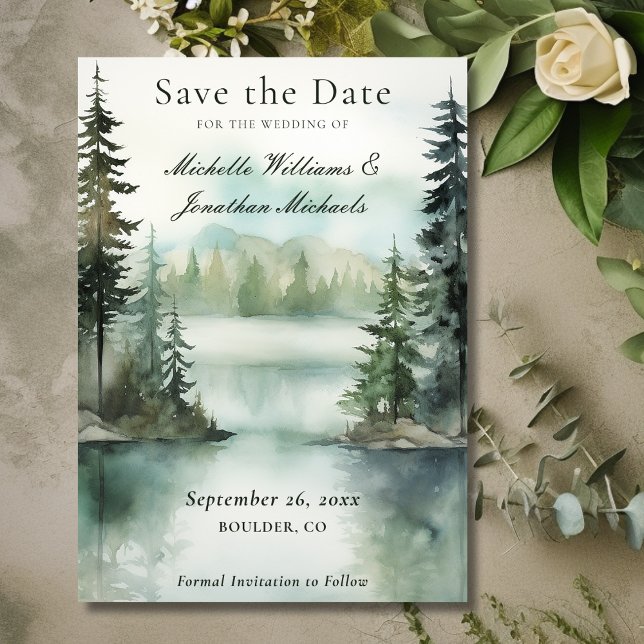 Reserva La Fecha Boda del Bosque Acuático Rústico de Montaña (Front - Watercolor Rustic Mountain Lake Forest Wedding Save The Date)