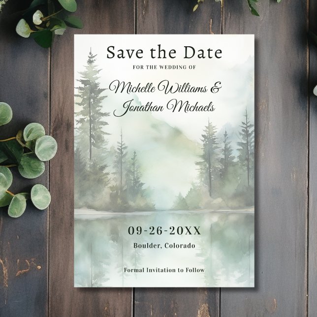 Reserva La Fecha Boda del Bosque Acuático Rústico de Montaña (Front - Watercolor Rustic Mountain Lake Forest Wedding Save The Date)