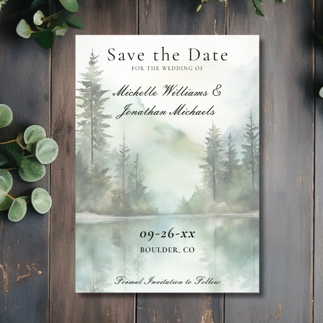 Reserva La Fecha Boda del Bosque Acuático Rústico de Montaña (Front - Watercolor Rustic Mountain Lake Forest Wedding Save The Date)
