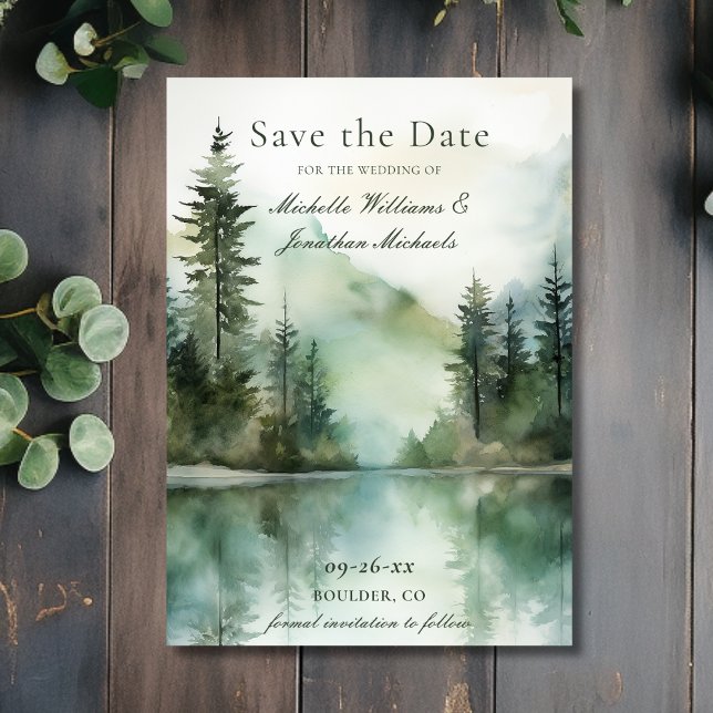 Reserva La Fecha Boda del Bosque Acuático Rústico de Montaña (Front - Watercolor Rustic Mountain Lake Forest Wedding Save The Date)