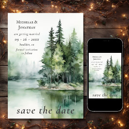 Reserva La Fecha Boda del bosque de Woodland Lake Rustic Watercolor