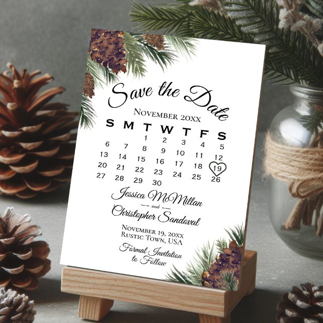 Reserva La Fecha Boda del calendario de verdor de pinecones rústico (Subido por el creador)