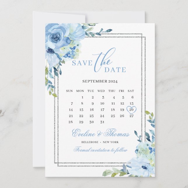 Reserva La Fecha Boda del calendario del purpurina plateado floral  (Anverso)