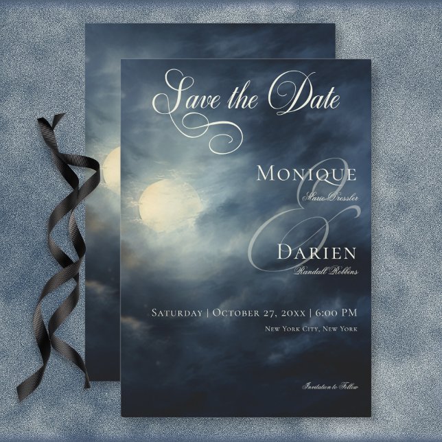 Reserva La Fecha Boda del cielo gótico oscuro de luna llena (Dark Gothic Full Moon Night Sky Wedding Save the Date Card)