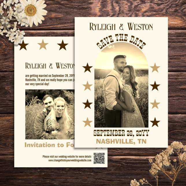 Reserva La Fecha Boda del Concierto de Música del País Foto Guardar (Your own country music concert poster customized with your photos. A unique wedding save the date)