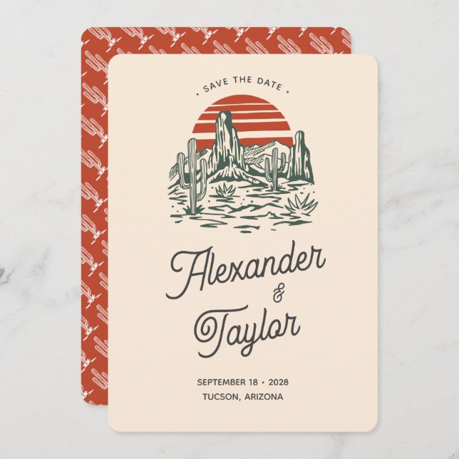 Reserva La Fecha Boda del desierto Retro Rojo Negrita Saguaro (Anverso / Reverso)