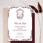 Reserva La Fecha Boda del Escudo de la cosecha de borgoña roja mono<br><div class="desc">Boda de Escudo Vintage Floral de Monograma Rojo Borgoña Guardar la tarjeta de fecha. Celebra tu día especial con este elegante y hermoso diseño de invitación a la boda para embellecer tu ocasión especial. Todos los textos están preorganizados para que puedas personalizarlos fácil y rápidamente con tus propios detalles.</div>