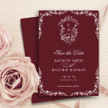 Reserva La Fecha Boda del Escudo de la cosecha de borgoña roja mono<br><div class="desc">Boda de Escudo Vintage Floral de Monograma Rojo Borgoña Guardar la tarjeta de fecha. Celebra tu día especial con este elegante y hermoso diseño de invitación a la boda para embellecer tu ocasión especial. Todos los textos están preorganizados para que puedas personalizarlos fácil y rápidamente con tus propios detalles.</div>