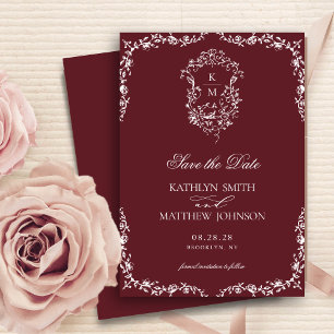 Reserva La Fecha Boda del Escudo de la cosecha de borgoña roja mono