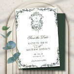 Reserva La Fecha Boda del Escudo de la cosecha floral del monograma<br><div class="desc">Boda de Escudo Vintage Floral de Monograma Verde Oscuro Guardar la tarjeta de fecha. Celebra tu día especial con este elegante y hermoso diseño de invitación a la boda para embellecer tu ocasión especial. Todos los textos están preorganizados para que puedas personalizarlos fácil y rápidamente con tus propios detalles.</div>