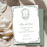 Reserva La Fecha Boda del Escudo Vintage de color verde sabio<br><div class="desc">Boda de Escudo Vintage Floral de Monograma Verde Sabio Salva la tarjeta de fecha. Celebra tu día especial con este elegante y hermoso diseño de invitación a la boda para embellecer tu ocasión especial. Todos los textos están preorganizados para que puedas personalizarlos fácil y rápidamente con tus propios detalles.</div>