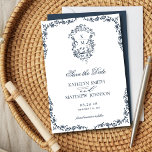 Reserva La Fecha Boda del Escudo Vintage floral de Navy Blue Monogr<br><div class="desc">Boda de Escudo Vintage Floral Monograma Azul de la Marina Guardar la tarjeta de fecha. Celebra tu día especial con este elegante y hermoso diseño de invitación a la boda para embellecer tu ocasión especial. Todos los textos están preorganizados para que puedas personalizarlos fácil y rápidamente con tus propios detalles....</div>