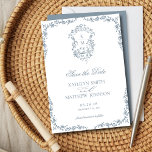 Reserva La Fecha Boda del Escudo Vintage Floral Dusty Blue Monogram<br><div class="desc">Duste Blue Monogram Floral Vintage Boda Escudo Guardar la tarjeta de fecha. Celebra tu día especial con este elegante y hermoso diseño de invitación a la boda para embellecer tu ocasión especial. Todos los textos están preorganizados para que puedas personalizarlos fácil y rápidamente con tus propios detalles.</div>