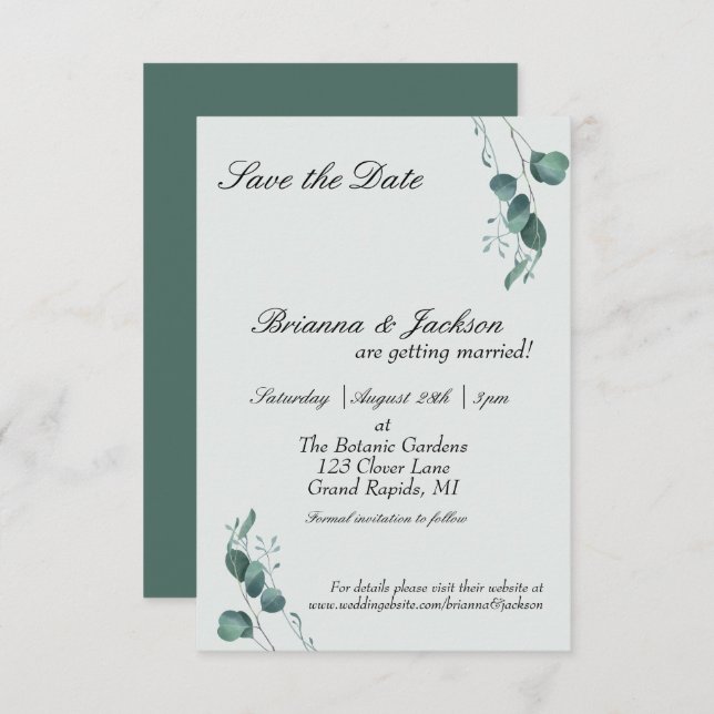 Reserva La Fecha Boda del Eucalipto Verde Pastel Sage (Anverso / Reverso)