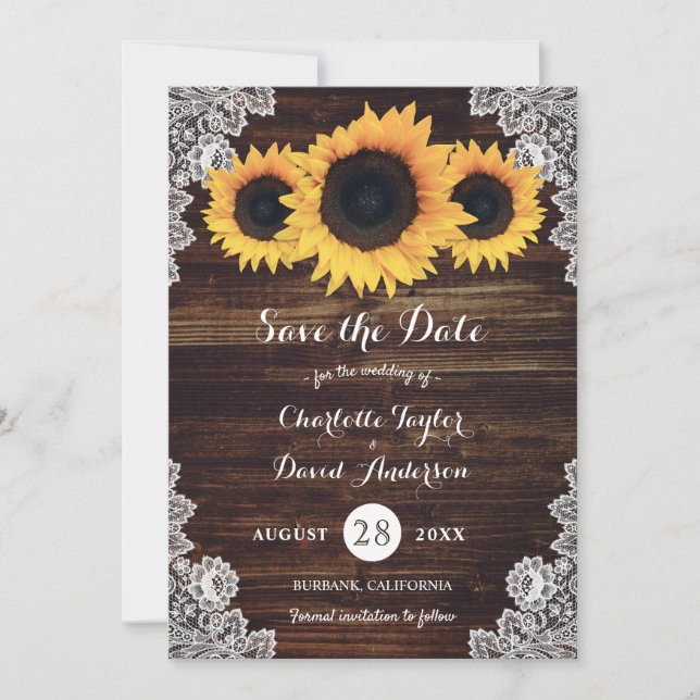 Reserva La Fecha Boda del girasol Rustic Wood Lace (Anverso)