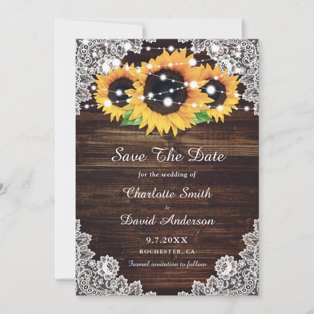 Reserva La Fecha Boda del girasol Rustic Wood Lace (Anverso)