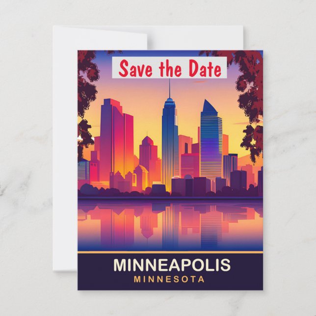 Reserva La Fecha Boda del horizonte de la ciudad de Minneapolis Min (Anverso)