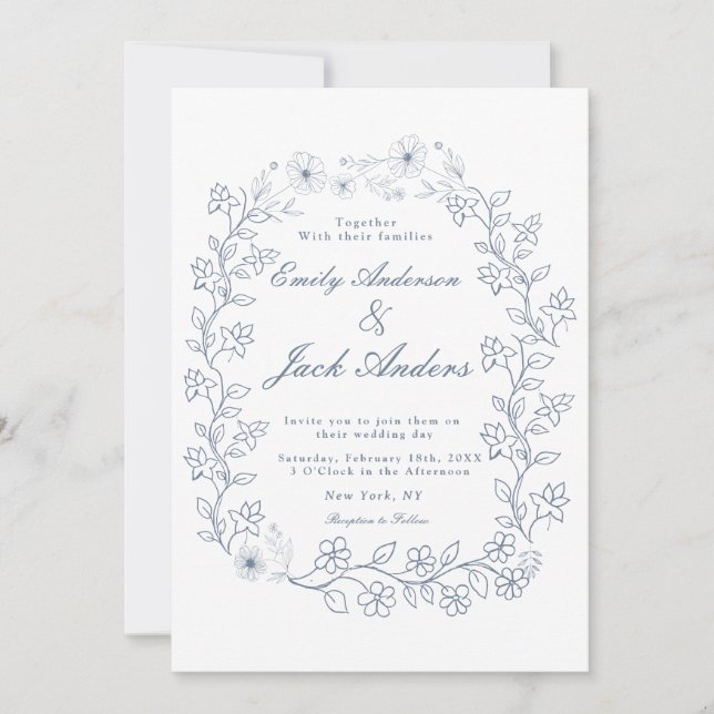 Reserva La Fecha boda del jardín de flores de la línea azul dibujad (Anverso)
