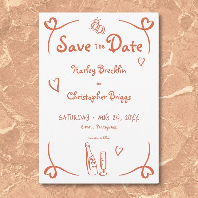 Reserva La Fecha Boda del Naranja del atardecer con mano retro capr (Whimsical Retro Hand Drawn Sunset Orange Wedding Save The Date)