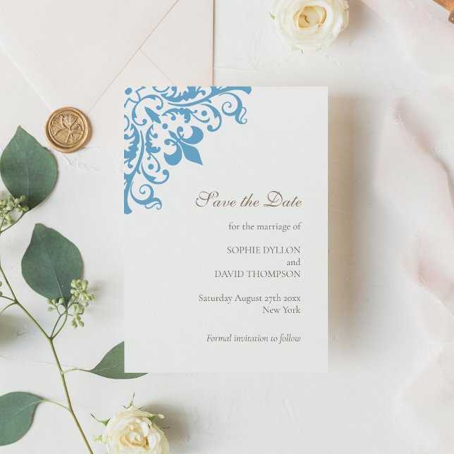 Reserva La Fecha Boda del patrón Regency French Blue Fleur de Lis (Subido por el creador)