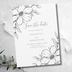Reserva La Fecha Boda Dibujo Línea Floral Blanco Negro 