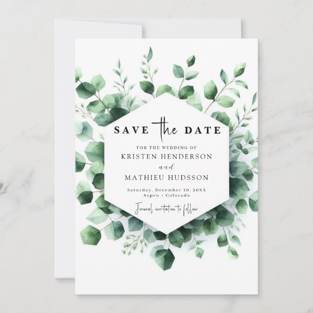 Reserva La Fecha Boda digital elegante del Boho Eucalyptus (Anverso)
