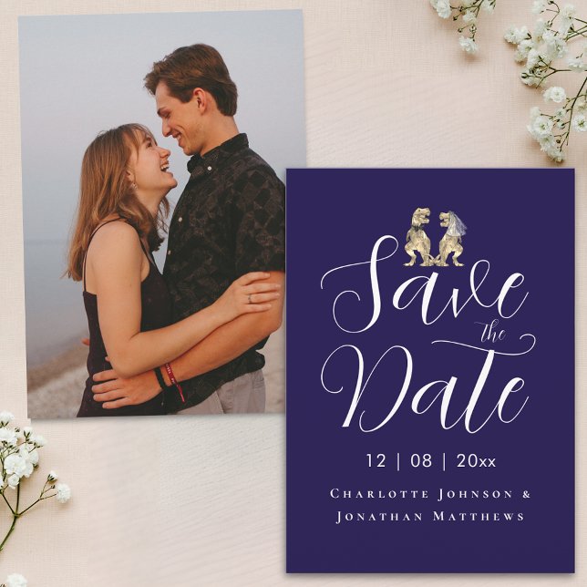 Reserva La Fecha Boda Divertida de Dinosaurio con Foto Moderna (Modern photo dinosaur theme wedding save the date elegant script navy blue and white invitation)