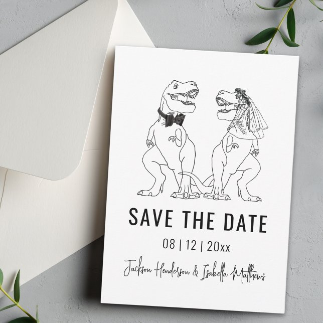 Reserva La Fecha Boda divertida de dinosaurios (Funny Dinosaur wedding save the date simple T-Rex bride and Groom black and white line art card)