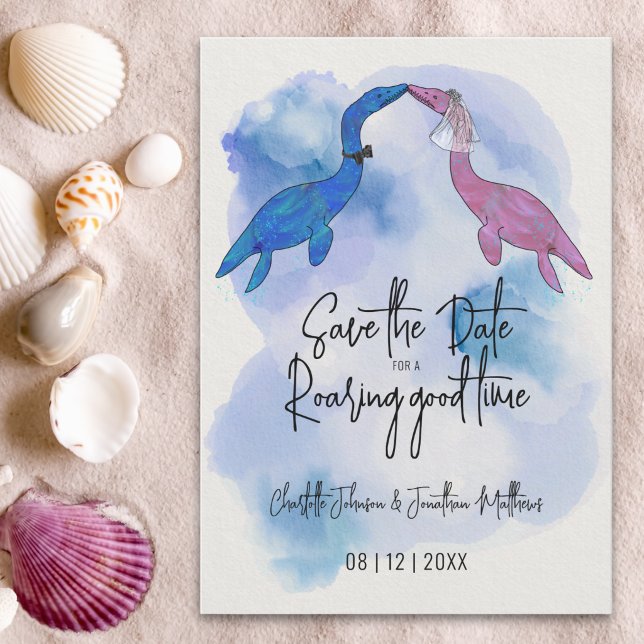 Reserva La Fecha Boda divertida de dinosaurios en la playa, guarde  (Funny save the date for a roaring good time dinosaur wedding Watercolor beach wedding)