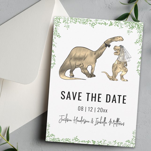 Reserva La Fecha Boda divertida de dinosaurios en verde, salva la f (Funny T-Rex bride Brontosaurus groom Dinosaur wedding save the date Watercolor foliage)