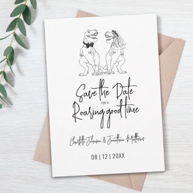 Reserva La Fecha Boda divertida de dinosaurios, guarde la fecha (save the date for a roaring good time funny dinosaur wedding T-Rex bride and groom simple line art)