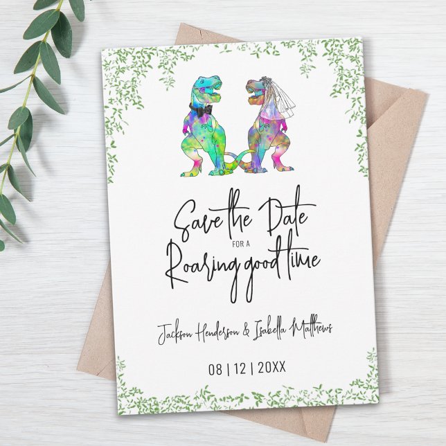 Reserva La Fecha Boda divertida de novios dinosaurios (Funny Dinosaur T-Rex bride and groom quote wedding save the date invitation watercolor greenery)