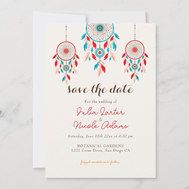 Reserva La Fecha Boda Dreamcatcher de la pluma Tribal Boho (Anverso)