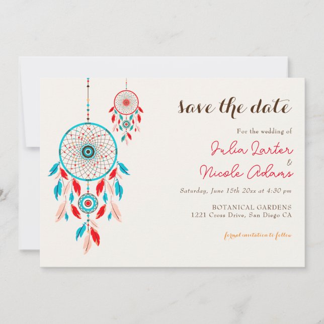 Reserva La Fecha Boda Dreamcatcher de la pluma Tribal Boho (Anverso)