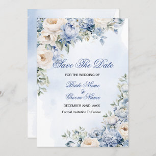 Reserva La Fecha Boda Dusty Blue Watercolor Flores de marfil