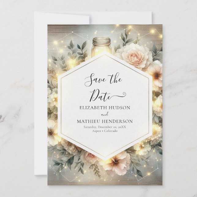 Reserva La Fecha Boda Editable Boho Mason Jar (Anverso)