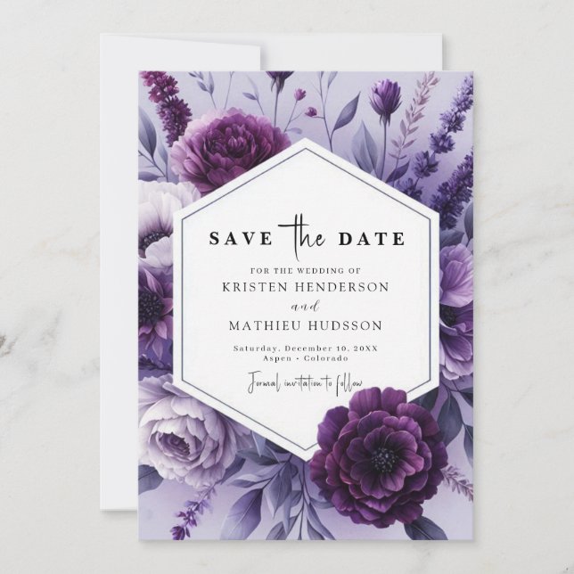 Reserva La Fecha Boda editable Whimsical Purple Floral (Anverso)