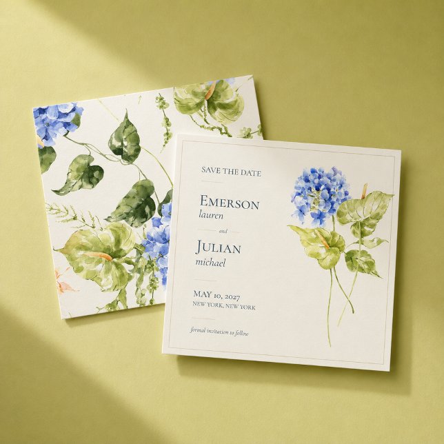 Reserva La Fecha Boda Editorial Moderna de Anthurium e Hydrangea (Modern editorial Save the Date featuring sculptural anthuriums and striking blue hydrangeas.)