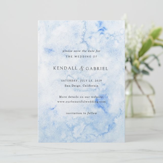 Reserva La Fecha Boda elegante acuarela azul moderna (Anverso de pie)