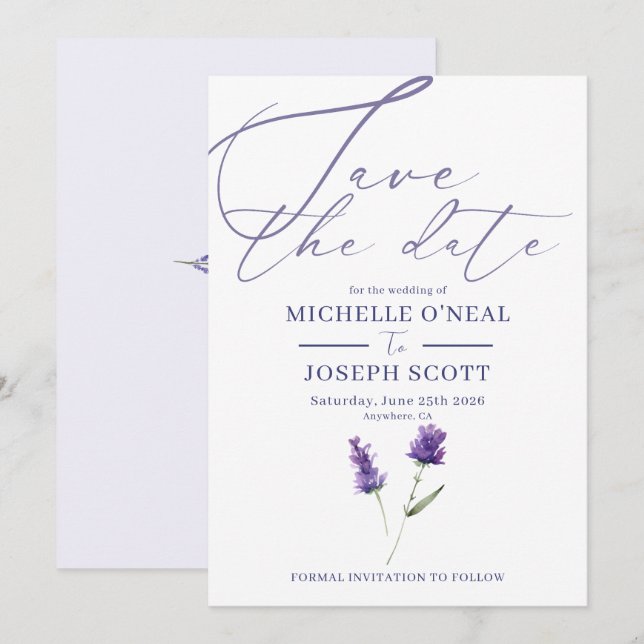 Reserva La Fecha Boda Elegante Acuarela Lavanda Bliss (Anverso / Reverso)