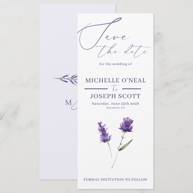 Reserva La Fecha Boda elegante acuarela Lavanda Bliss (Anverso / Reverso)