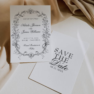 Reserva La Fecha Boda elegante antigua en blanco y negro con dinero