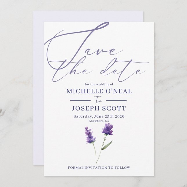 Reserva La Fecha Boda elegante con acuarela de Lavanda Bliss (Anverso / Reverso)