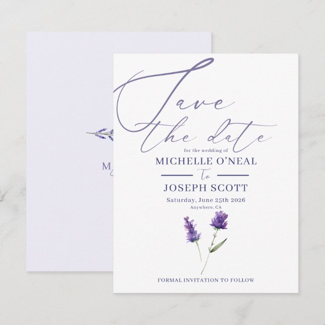 Reserva La Fecha Boda elegante con acuarela Lavender Bliss (Anverso / Reverso)