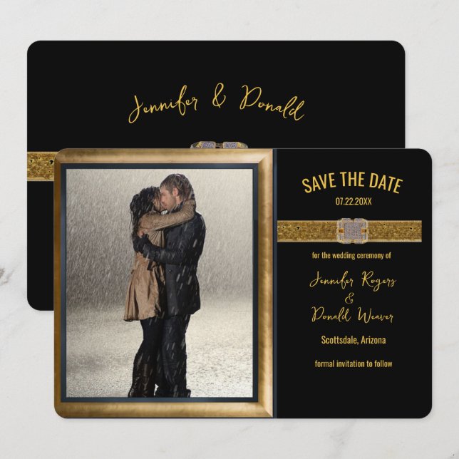 Reserva La Fecha Boda Elegante con Brillo de Oro Negro  (Anverso / Reverso)