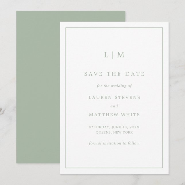Reserva La Fecha Boda elegante con monograma verde simple (Anverso / Reverso)