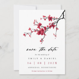Reserva La Fecha Boda elegante de acuarela con flor de cerezo roja