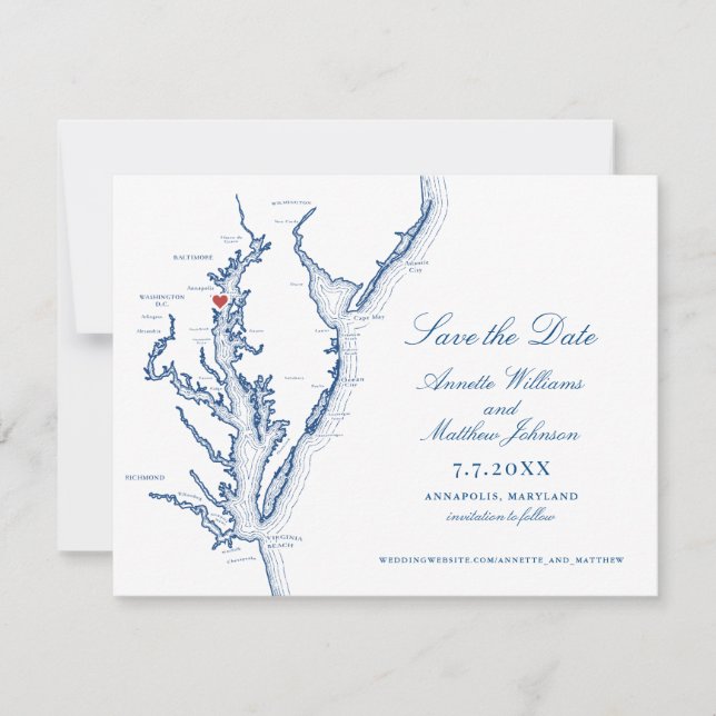 Reserva La Fecha Boda elegante de Annapolis Maryland Mapa de Azul M (Anverso)